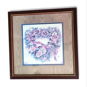 Vintage Home Interiors 90's Framed Heart Shape Floral Wreath Love Birds Wall Art